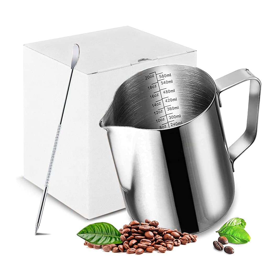 HASTHIP 20oz Milk Frothing Pitcher with Scale Stainless Steel Espresso Milk Frothing Pitchers for Cappuccino Barista Steam Pitchers Milk Jug Cup with Decorating Pen Latte Art HASTHIP 20oz Milk Frothing Pitcher with Scale Stainless Steel Espresso Milk Frothing Pitchers for Cappuccino Barista Steam Pitchers Milk Jug Cup with Decorating Pen Latte Art